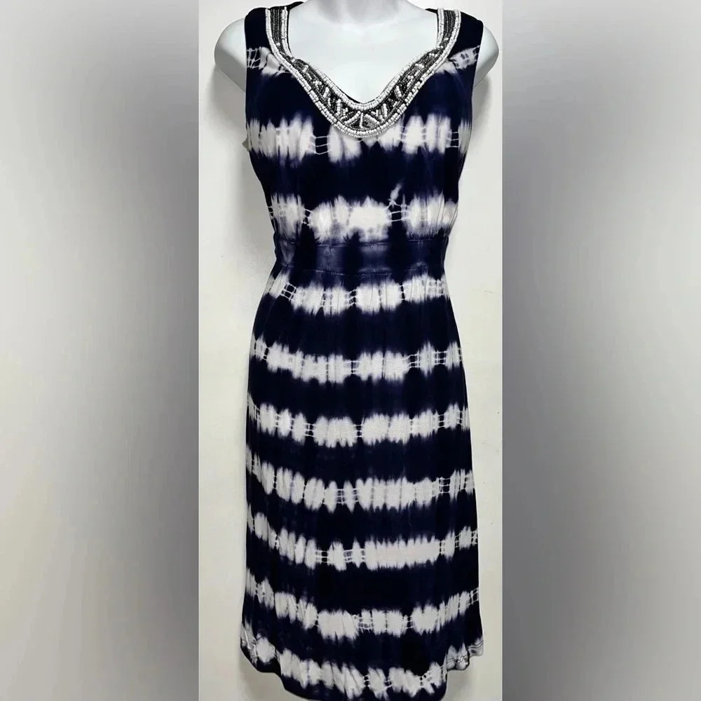 INC International Concepts Navy Blue Tie Dye Beaded Sleeveless Midi Dress